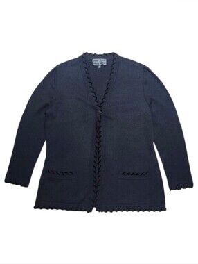 St.John Cardigan Sweater Black Women Size Large Santana Knit Wool Blend Pockets